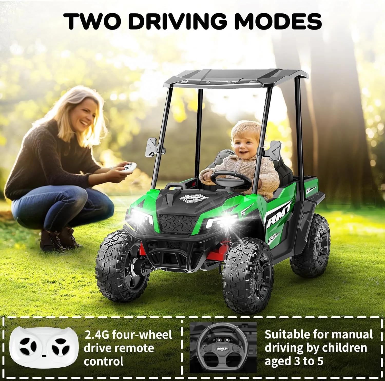 2 Seater Ride on Car for Kids, 4WD Battery Powered Toy w/Safety Belt, Forward and Reverse Functions, Spring Suspension, Music and Lights, Remote Control Ride on Car for Toddlers 3-5 - Green