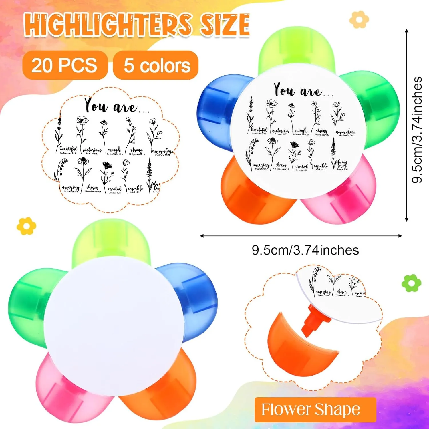 20 Pcs Student Gifts from Teacher Christian Gifts Bulk Petals Highlighters with Bible Verses 5 in 1 Fluorescent Watercolor Highlighter for Brush Tip Affirmation Awards