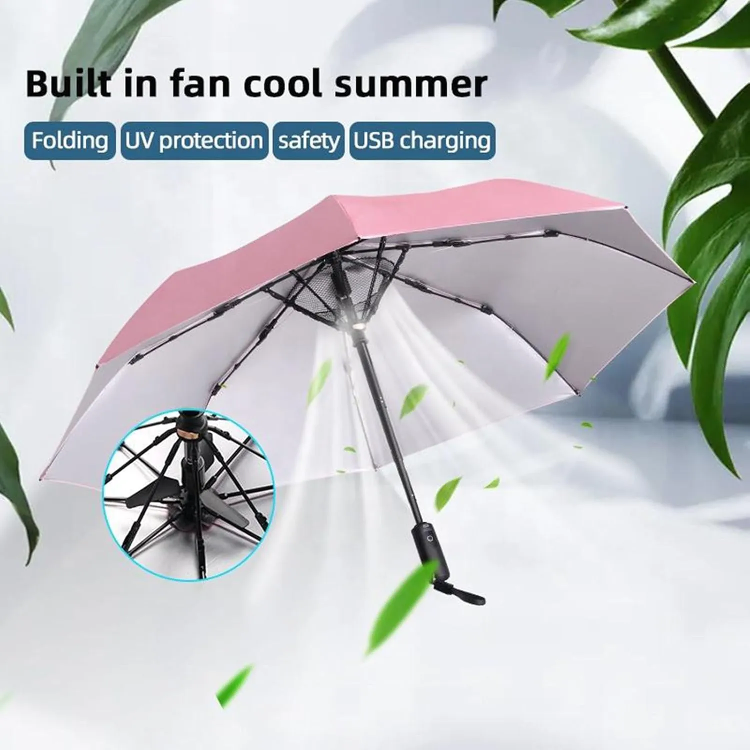 2023 Folding Golf Umbrella with Fan,UV50 Sun Protection Air Cooling Electric Battery USB Parasol Fan Umbrella for Outdoor Sports Beach Patio Garden