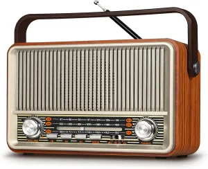 【2024 Newest】 PRUNUS J-120 Retro Vintage Radio Portable AM FM with Bluetooth,Transistor Radios Plug in Wall or Rechargeable Battery Powered Support AUX TF Card USB Playing for Home Outdoor