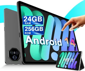 2025 Lastest 11 inch Tablet, Android 14 Tablets with 24GB RAM 256GB ROM(2TB TF), Octa-Core 2.0GHz, 8000mAh Battery, (13 5)MP Camera, Supports Widevine L1, 5G WIFI, GPS, BT5.0, Tablet with Case -Gray