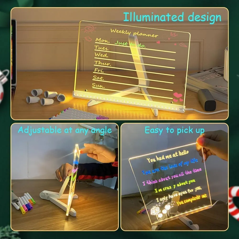 2025 New LED Note Board with Colors, Lighted Acrylic Dry Erase Board Light Up Dry Erase Board with Adjustable Stand and 7 Colors Pen, LED Illuminated Drawing Board for Office School Home (11.8 X 7.9”)