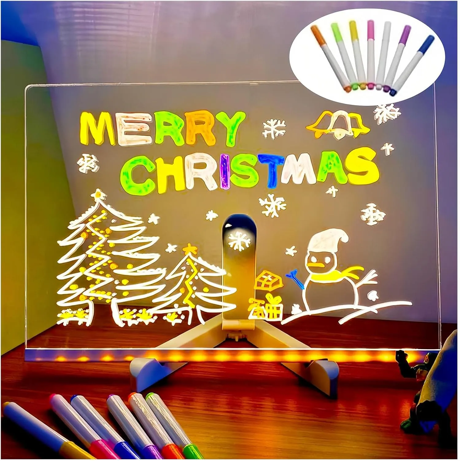 2025 New LED Note Board with Colors, Lighted Acrylic Dry Erase Board Light Up Dry Erase Board with Adjustable Stand and 7 Colors Pen, LED Illuminated Drawing Board for Office School Home (11.8 X 7.9”)