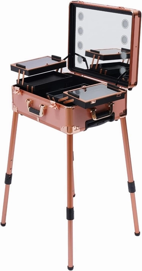 22in Mobile Cosmetic Trolley Case with Mirror, 8 LED Bulbs, Adjustable Height, for Beauty Centers, Salons, Aluminum Alloy, Rose Gold