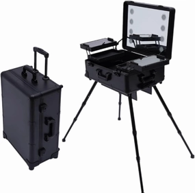 22in Portable Makeup Station Rolling Makeup Case with Mirror & Light Professional Makeup Train Case Adjustable Height Cosmetic Trolley for Makeup Artist Hairstylist Home Nail Salons