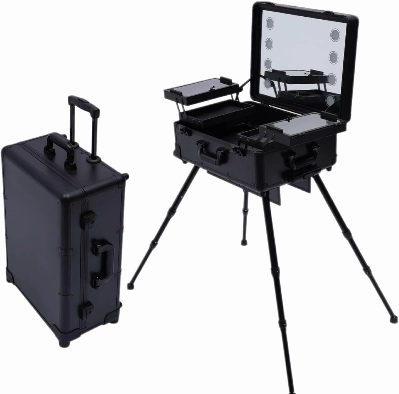 22in Portable Makeup Station Rolling Makeup Case with Mirror & Light Professional Makeup Train Case Adjustable Height Cosmetic Trolley for Makeup Artist Hairstylist Home Nail Salons