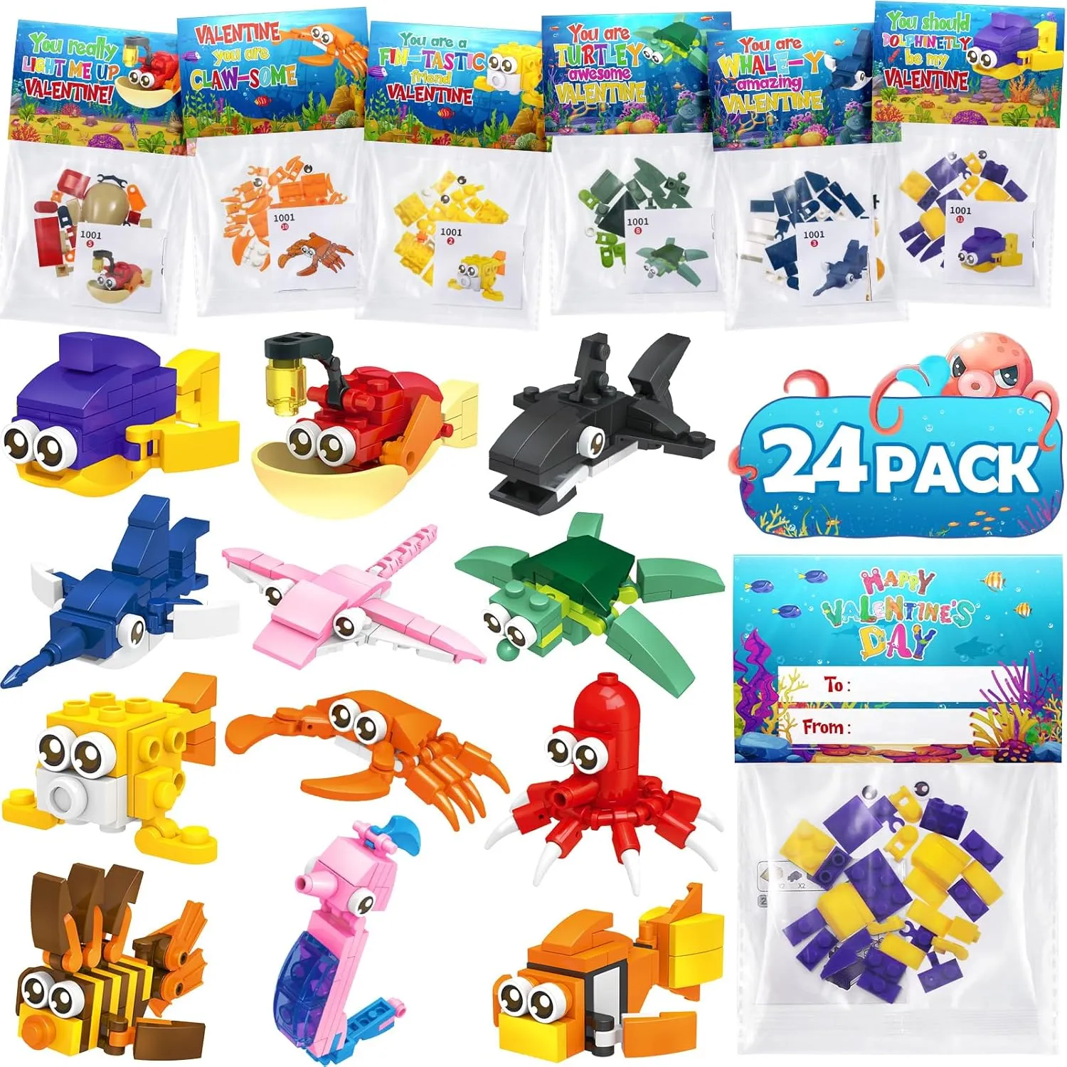 24 Pack Sea Animals Building Blocks Toys with Valentines Day Cards for Kids Classroom School Boys Girls, Valentines Exchange Gifts Party Favors Class Prizes