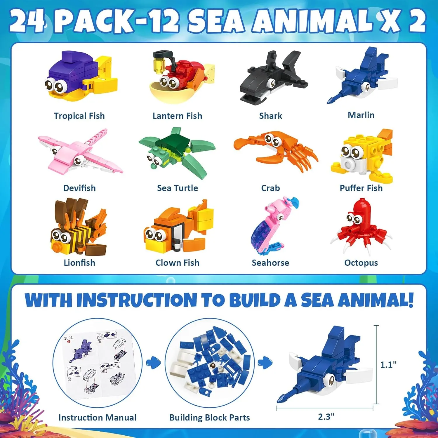24 Pack Sea Animals Building Blocks Toys with Valentines Day Cards for Kids Classroom School Boys Girls, Valentines Exchange Gifts Party Favors Class Prizes