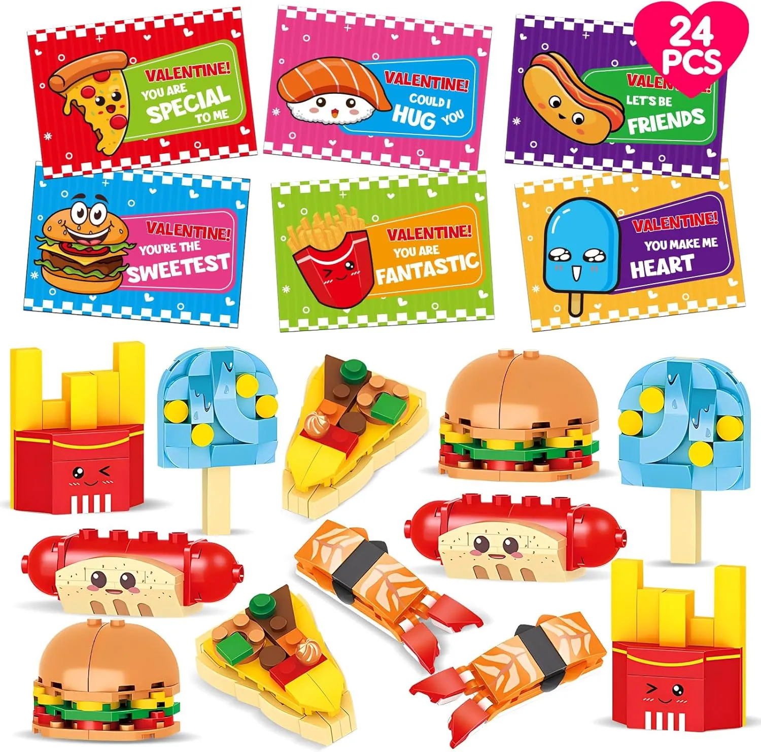 24 Pack Valentines Day Cards Fast Food Building Block for Kids Classroom Valentine Exchange Gifts Greeting Cards for Class Boys Girls Classmate School Party Favors Goodie Bag Stuffers Treat Prize Bulk