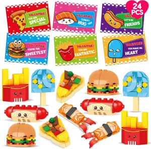24 Pack Valentines Day Cards Fast Food Building Block for Kids Classroom Valentine Exchange Gifts Greeting Cards for Class Boys Girls Classmate School Party Favors Goodie Bag Stuffers Treat Prize Bulk