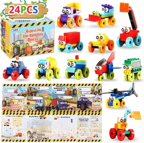 24 Packs Valentines Day Cards with Car Automobile Building Blocks for Kids Valentine Gifts Exchange, Educational Toys Party Favors School Classroom Valentines Cards Gift Prizes for Kids Treats