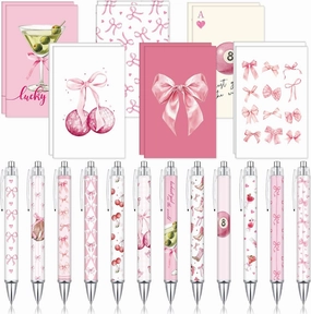 24 Pcs Mini Coquette Pink Bow Notebooks and Pens Set 12 Small Pink Martini Ruled Notepad 12 Ballpoint Pens Preppy Bow Journal Bulk for Women Travel Office Supplies 3.2 x 4.9 Inch