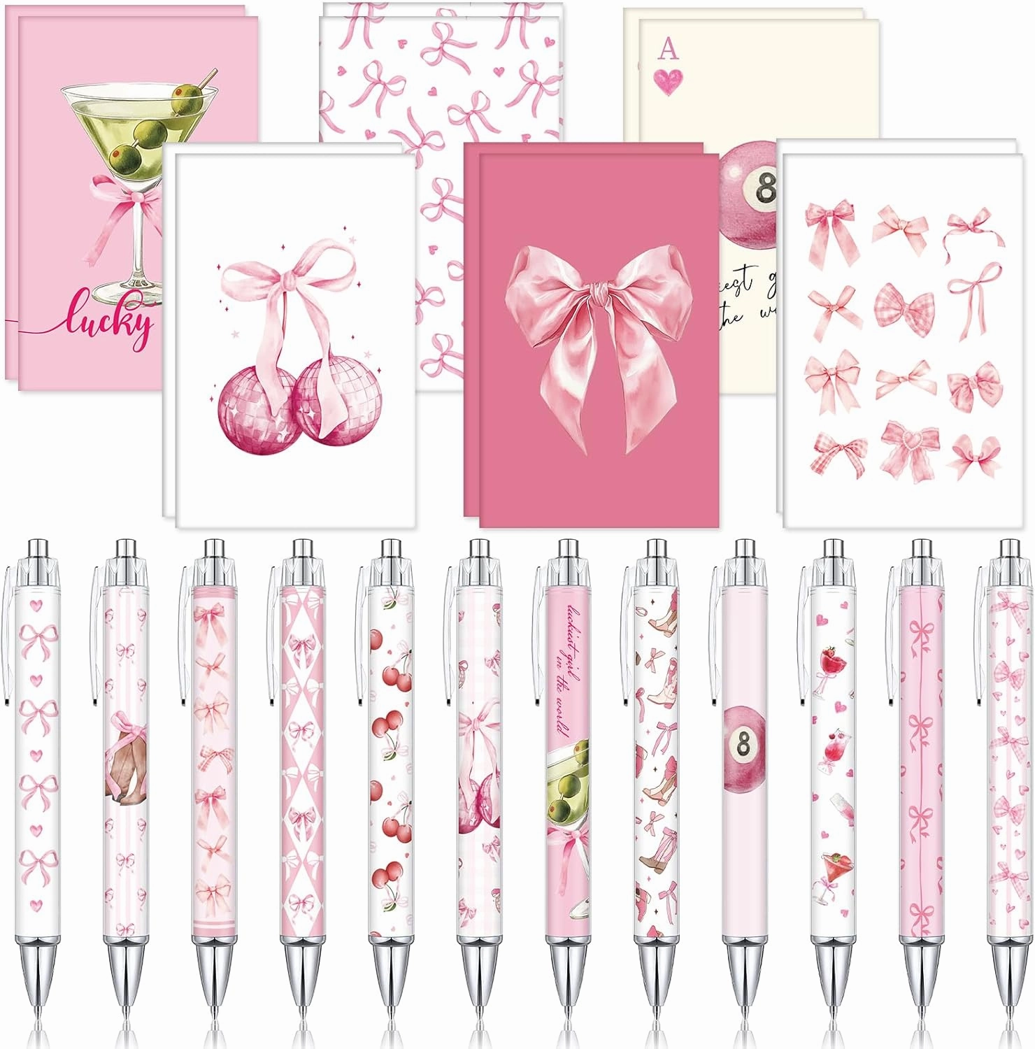 24 Pcs Mini Coquette Pink Bow Notebooks and Pens Set 12 Small Pink Martini Ruled Notepad 12 Ballpoint Pens Preppy Bow Journal Bulk for Women Travel Office Supplies 3.2 x 4.9 Inch