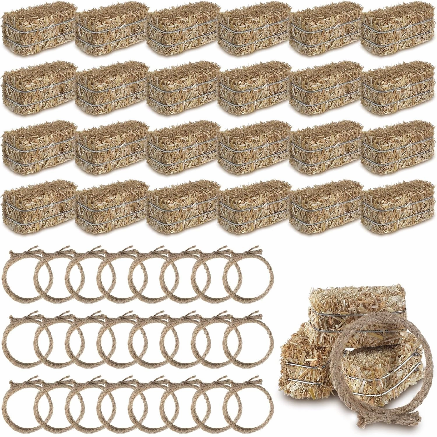 24 Pcs Western Themed Party Decorations 12 Mini Decorative Hay Bales with 12 Twisted Hemp Rope for Cowboy Table Centerpieces Horse Rodeo Fall Harvest Craft, 1.2 x 2.6 x 1.2 Inch Each