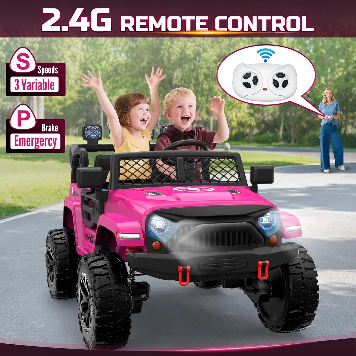24V 2 Seater Kids Ride On Toy, 4x200W, EVA Tires, Electric Truck Car w/21 Wide Seat, Remote Control, 4WD, 4.5Mph, 4 Wheel Suspension, LED Searchlight, Bluetooth Music & Horn(Pink)