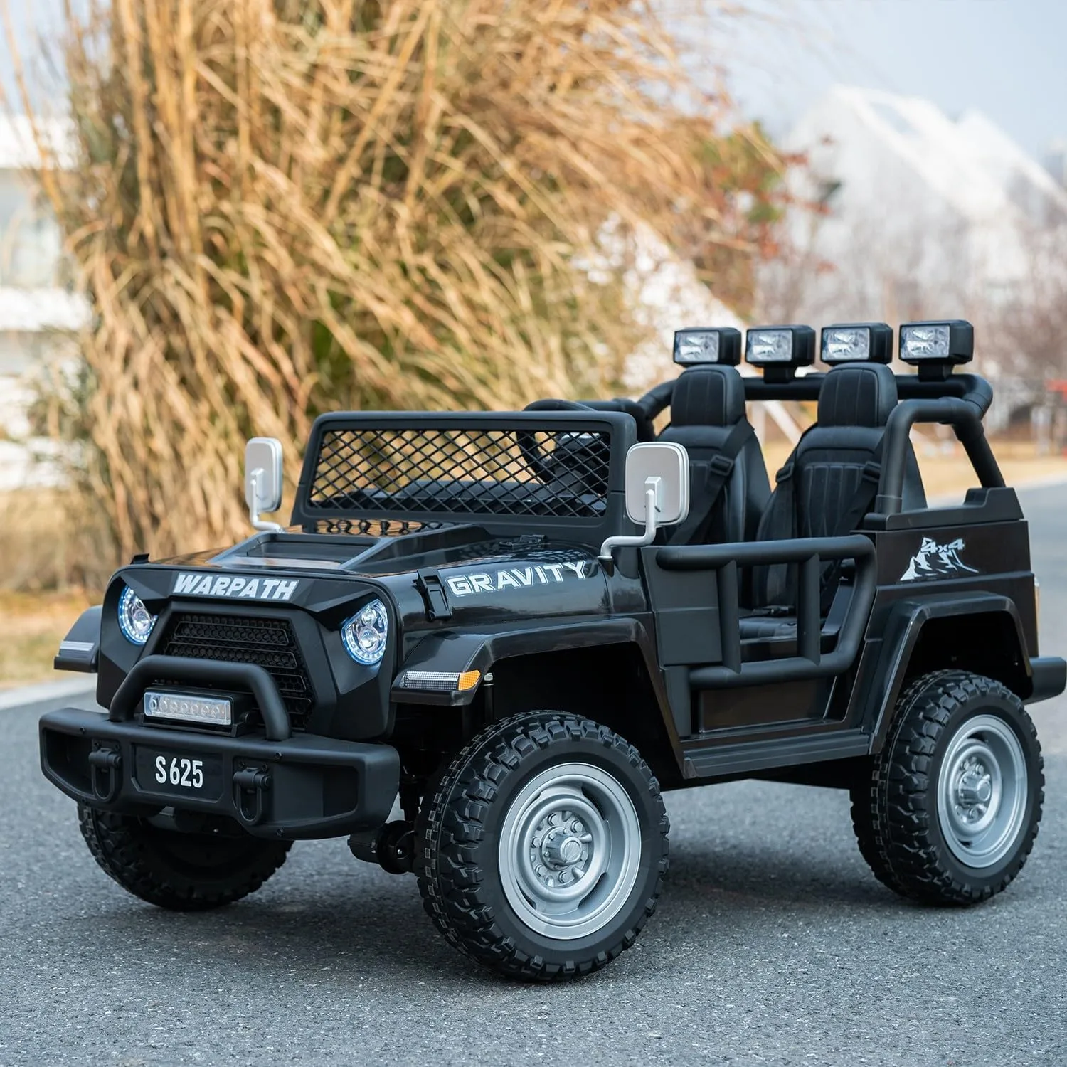 24V 2 Seater Kids Ride-On Truck Jeep, 4WD Electric Car with Parent Remote Control, 4x200W Motor, Spring Suspension, LED Headlights & Searchlights, Bluetooth Music, New Edition, Black