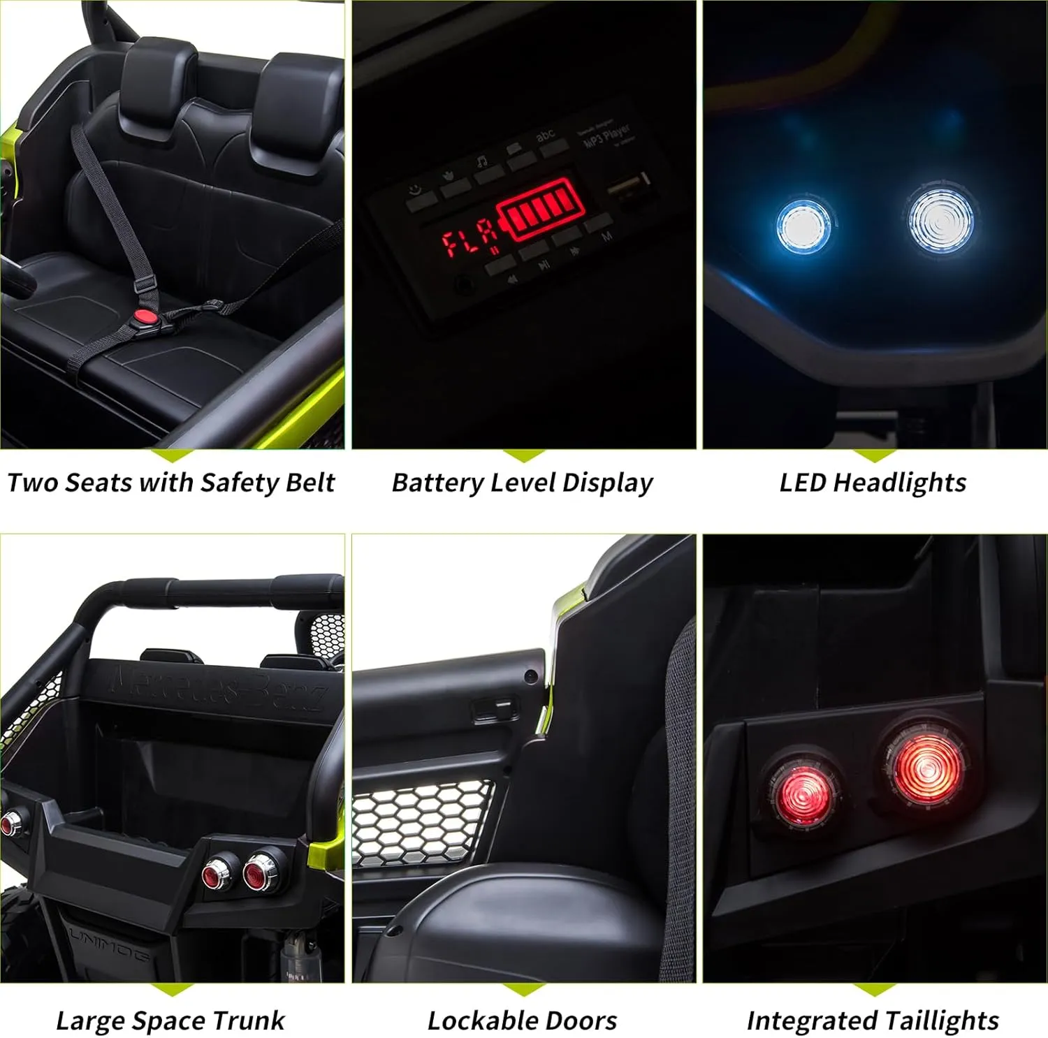 24V 2 Seater Kids Ride On Truck Licensed Mercedes Benz Ride On Toy for Toddles Electric Vehicle with Remote Control, Battery Display, Trunk, Spring Suspension, Led Lights, Music, Green