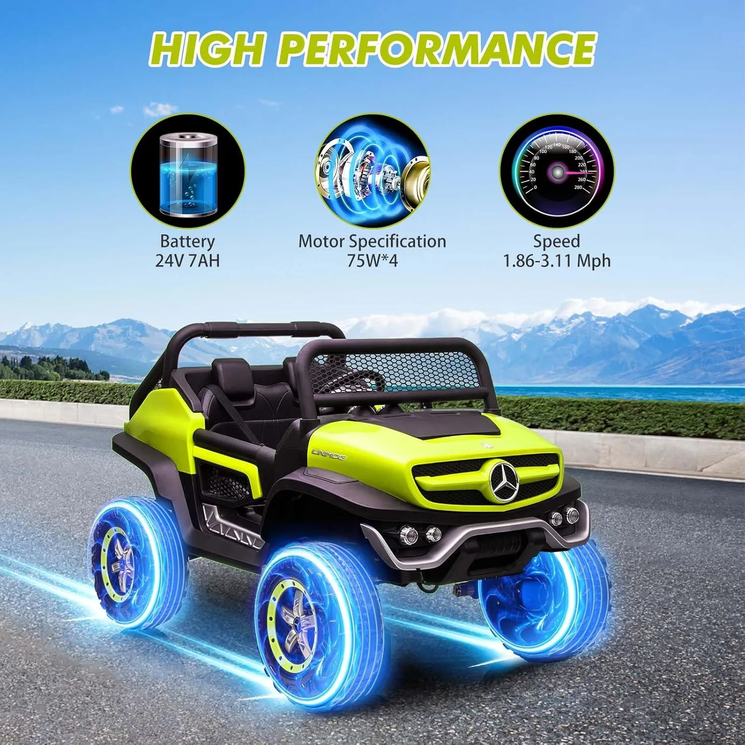24V 2 Seater Kids Ride On Truck Licensed Mercedes Benz Ride On Toy for Toddles Electric Vehicle with Remote Control, Battery Display, Trunk, Spring Suspension, Led Lights, Music, Green