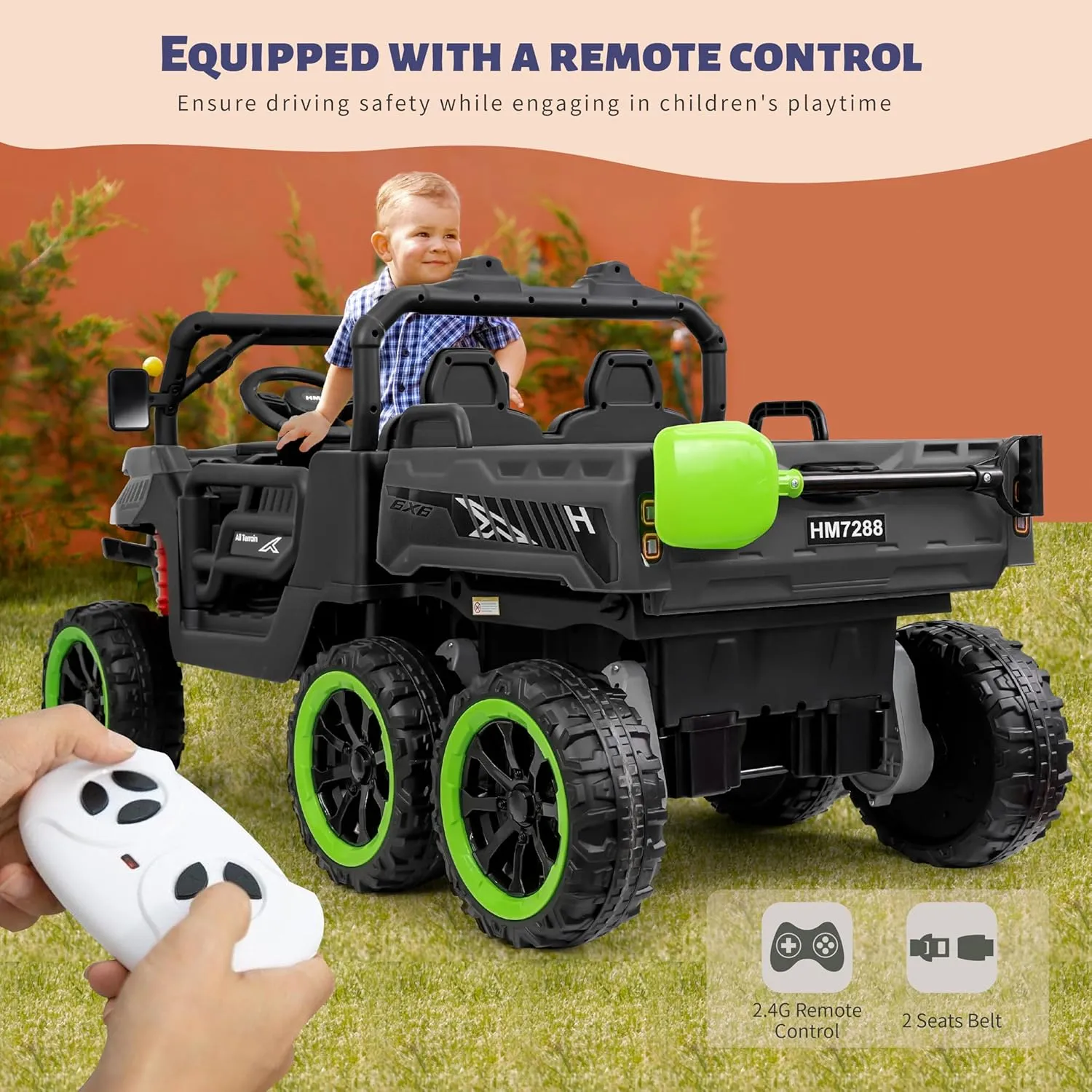 24V 2 Seater Ride On Dump Truck with Remote Control, Electric UTV Car with Electric Dump Bed, 2 Speed 4WD Power Ride Cars 6x6 Wheels Music, Storage Trunk for Boys Girls, Black