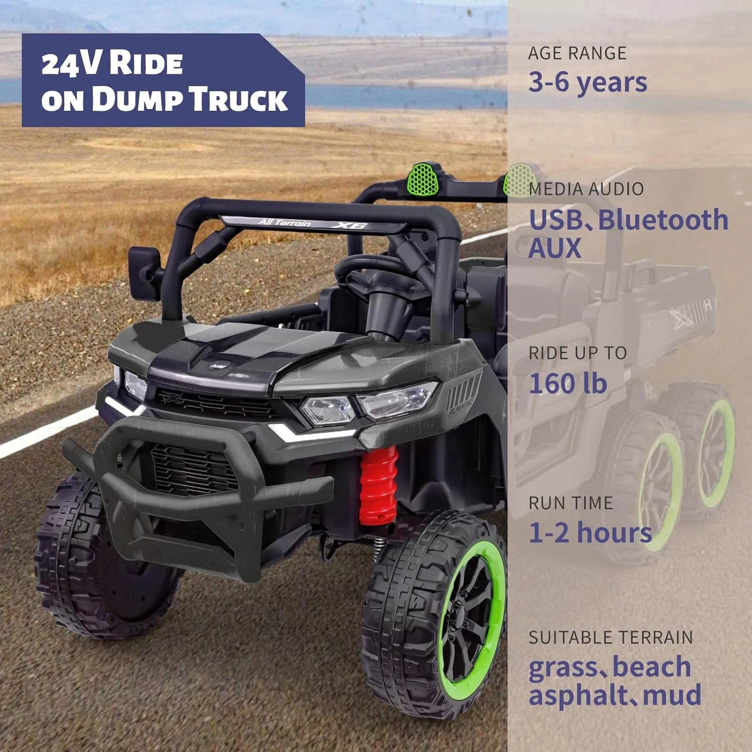 24V 2 Seater Ride On Dump Truck with Remote Control, Electric UTV Car with Electric Dump Bed, 2 Speed 4WD Power Ride Cars 6x6 Wheels Music, Storage Trunk for Boys Girls, Black