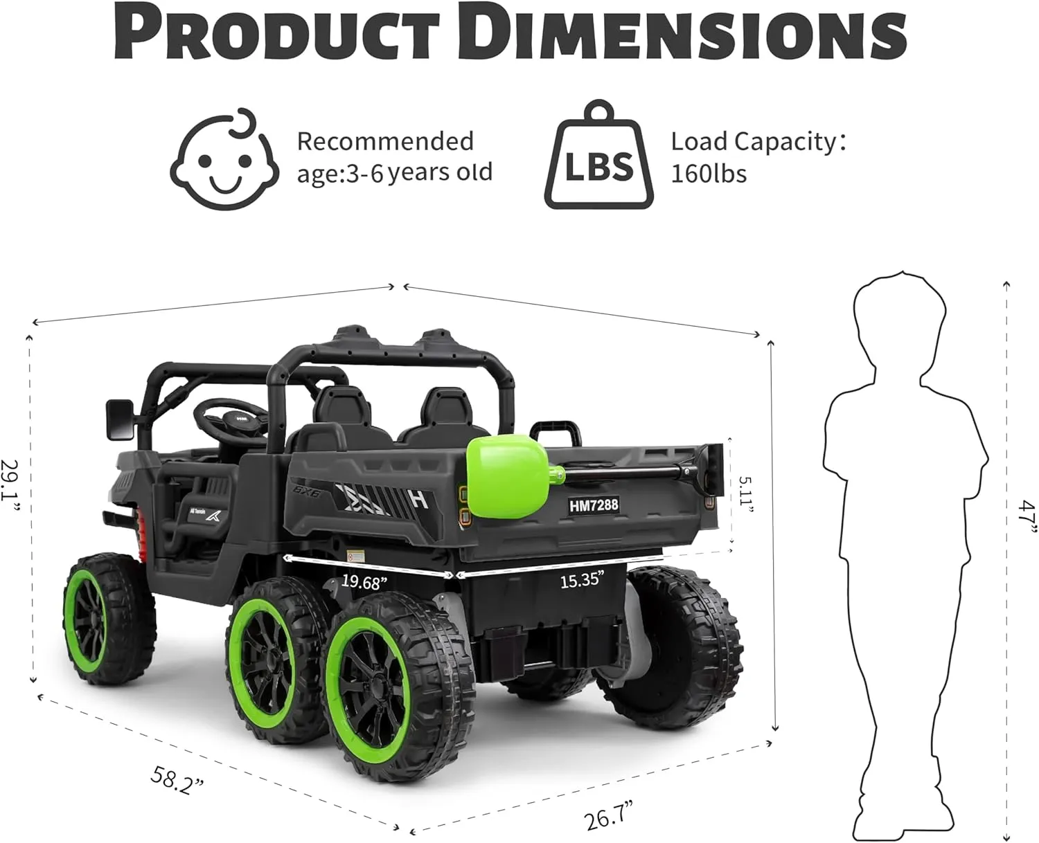 24V 2 Seater Ride On Dump Truck with Remote Control, Electric UTV Car with Electric Dump Bed, 2 Speed 4WD Power Ride Cars 6x6 Wheels Music, Storage Trunk for Boys Girls, Black