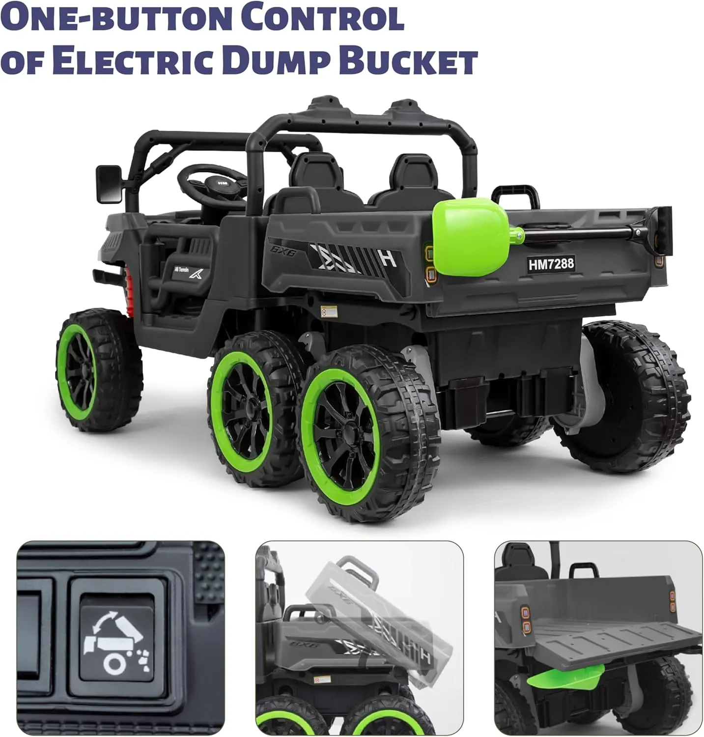 24V 2 Seater Ride On Dump Truck with Remote Control, Electric UTV Car with Electric Dump Bed, 2 Speed 4WD Power Ride Cars 6x6 Wheels Music, Storage Trunk for Boys Girls, Black
