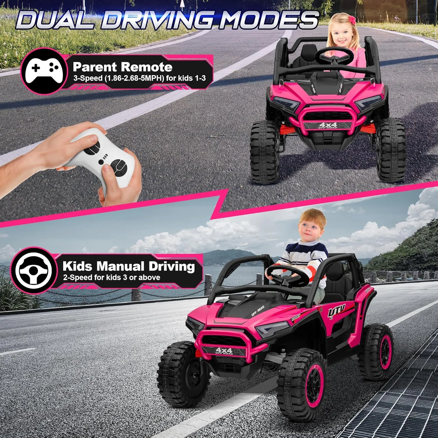 24V 2 Seater Ride on Toys, 4X4 Ride on Car Truck w/Remote Control, 2WD/4WD Switchable Kids UTV, Storage Space, 3 Speeds, 4 Spring Suspension, Music, Bluetooth, 24V Ride on Toys for Big Kids