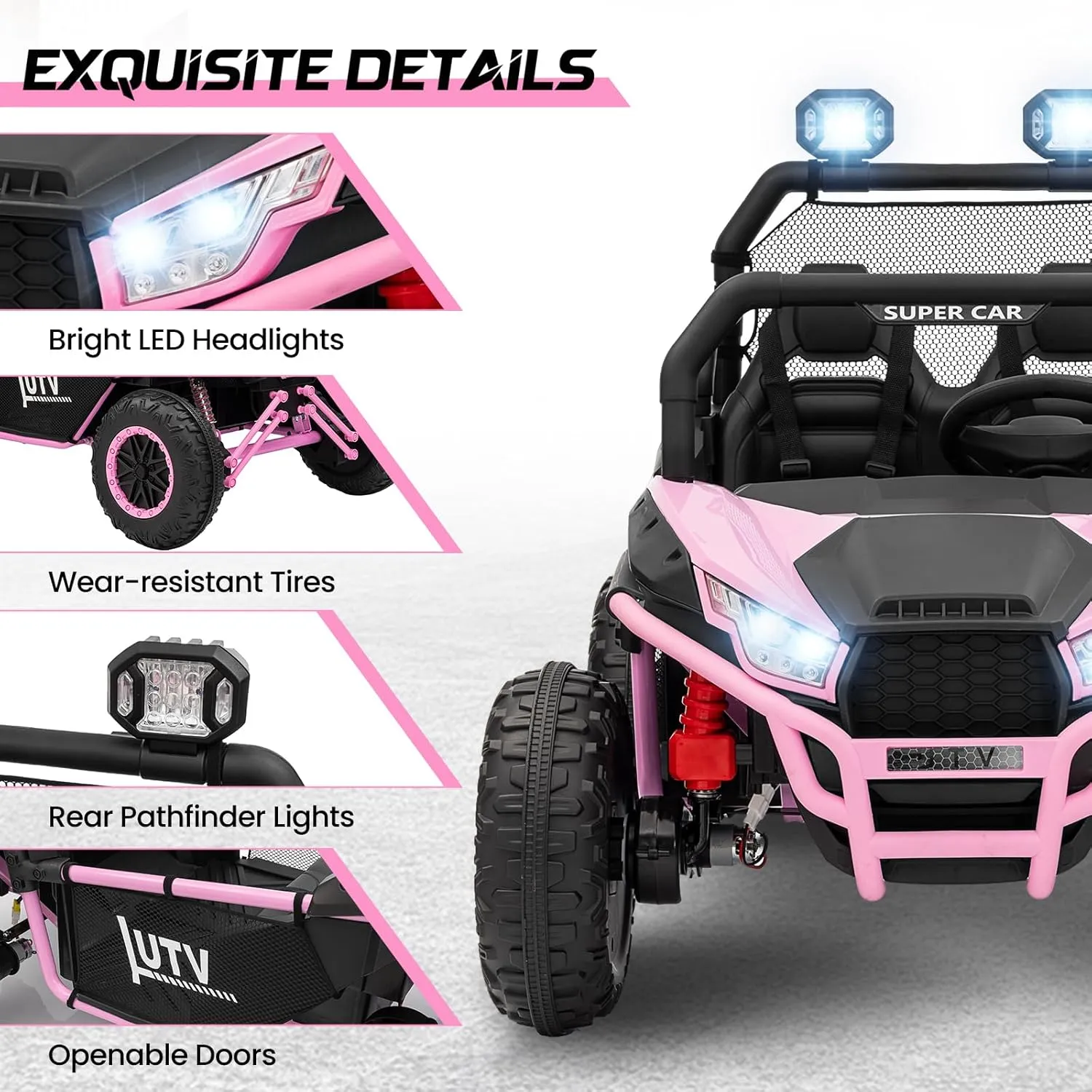 24V 2 Seater Ride on UTV Kids Car with Remote Control, Ride on Truck Toys with Spring Suspensions, 2 Speeds, LED Lights, Bluetooth, Treaded Tires, Electric Vehicles for Boys Girls, Pink