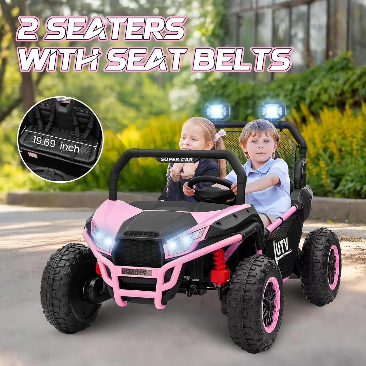 24V 2 Seater Ride on UTV Kids Car with Remote Control, Ride on Truck Toys with Spring Suspensions, 2 Speeds, LED Lights, Bluetooth, Treaded Tires, Electric Vehicles for Boys Girls, Pink