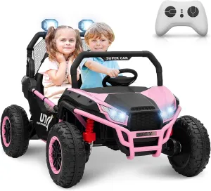 24V 2 Seater Ride on UTV Kids Car with Remote Control, Ride on Truck Toys with Spring Suspensions, 2 Speeds, LED Lights, Bluetooth, Treaded Tires, Electric Vehicles for Boys Girls, Pink