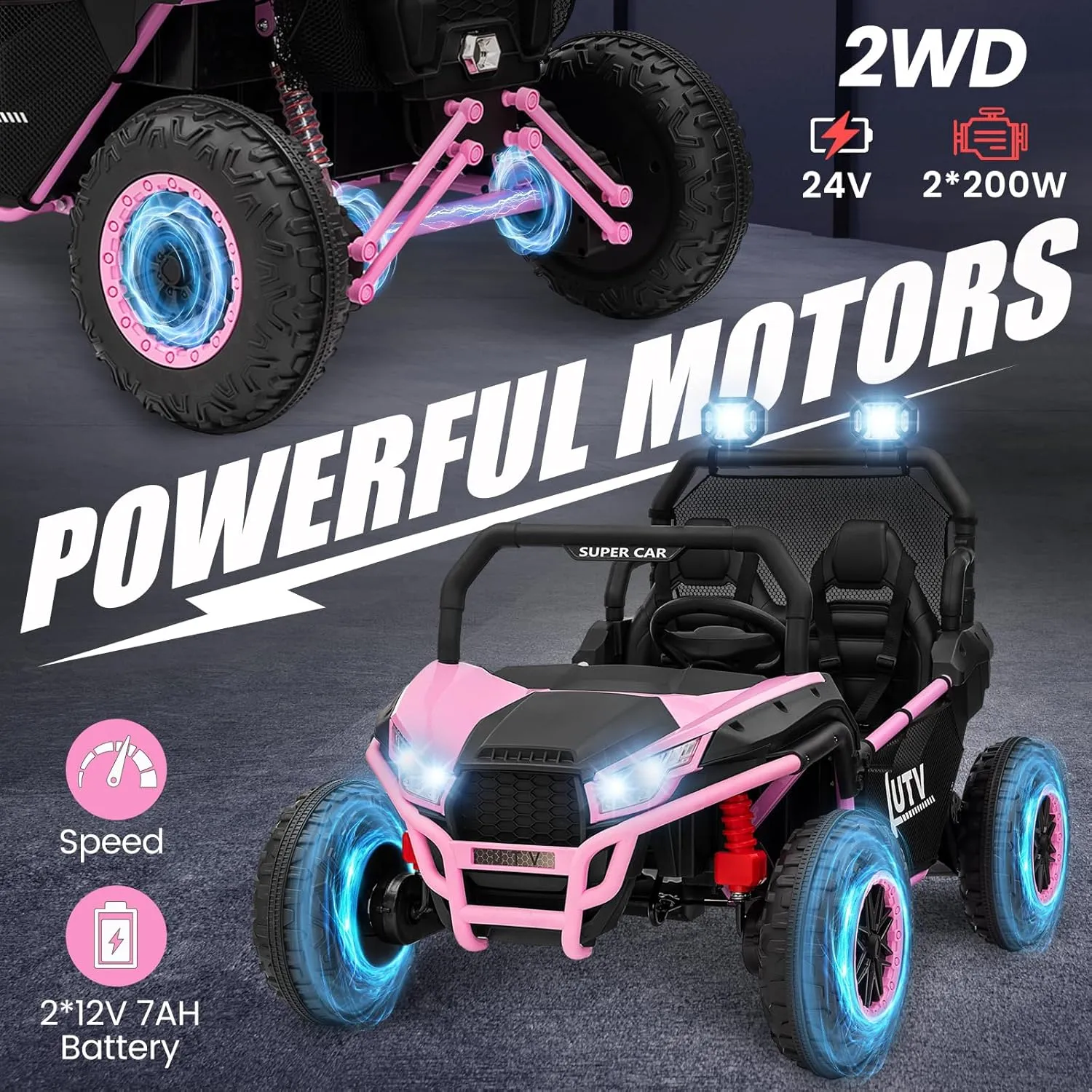 24V 2 Seater Ride on UTV Kids Car with Remote Control, Ride on Truck Toys with Spring Suspensions, 2 Speeds, LED Lights, Bluetooth, Treaded Tires, Electric Vehicles for Boys Girls, Pink