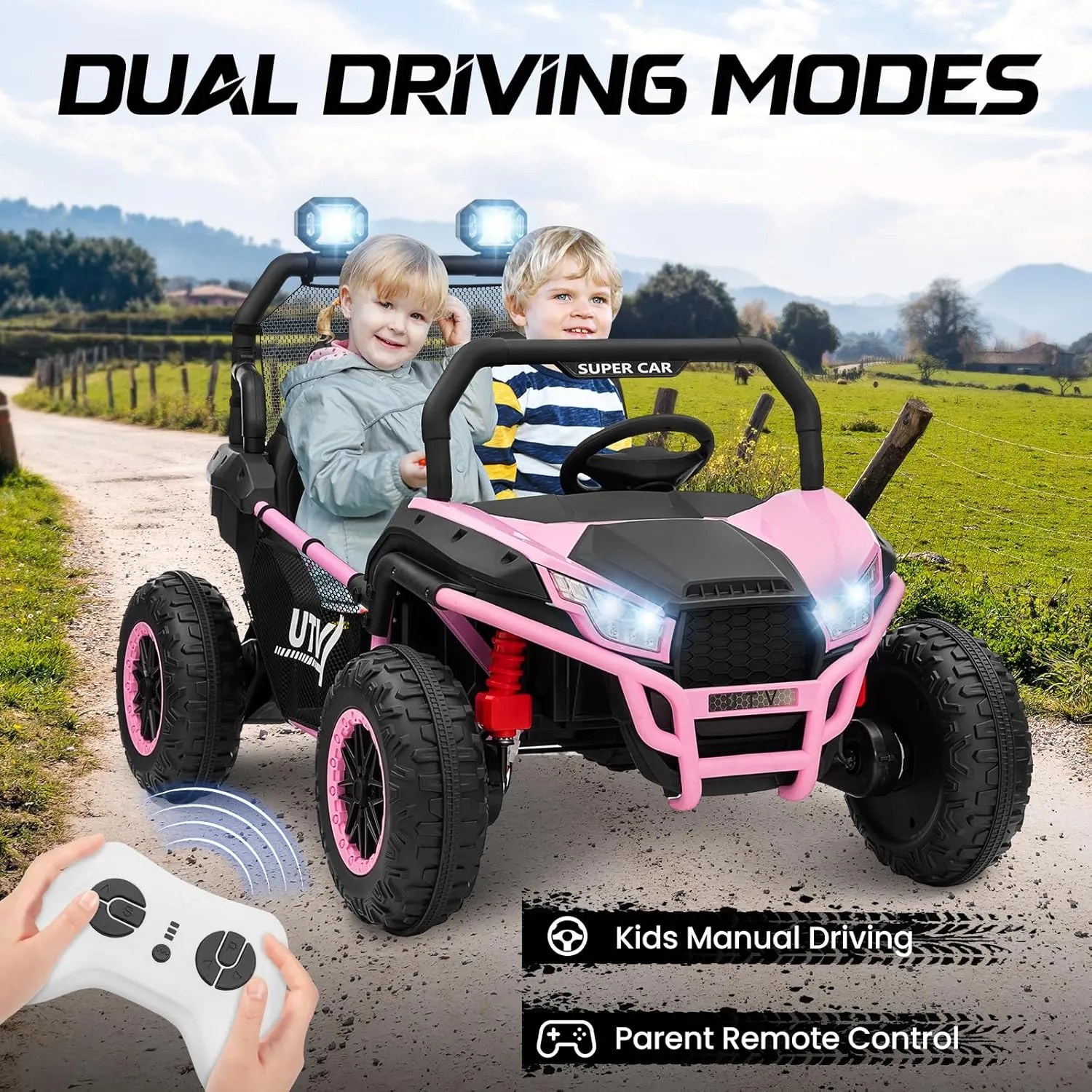 24V 2 Seater Ride on UTV Kids Car with Remote Control, Ride on Truck Toys with Spring Suspensions, 2 Speeds, LED Lights, Bluetooth, Treaded Tires, Electric Vehicles for Boys Girls, Pink