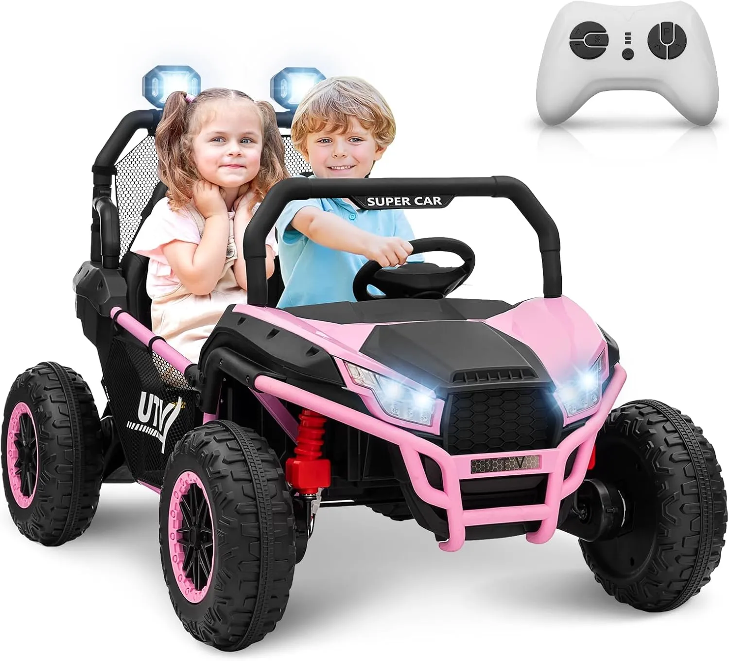 24V 2 Seater Ride on UTV Kids Car with Remote Control, Ride on Truck Toys with Spring Suspensions, 2 Speeds, LED Lights, Bluetooth, Treaded Tires, Electric Vehicles for Boys Girls, Pink