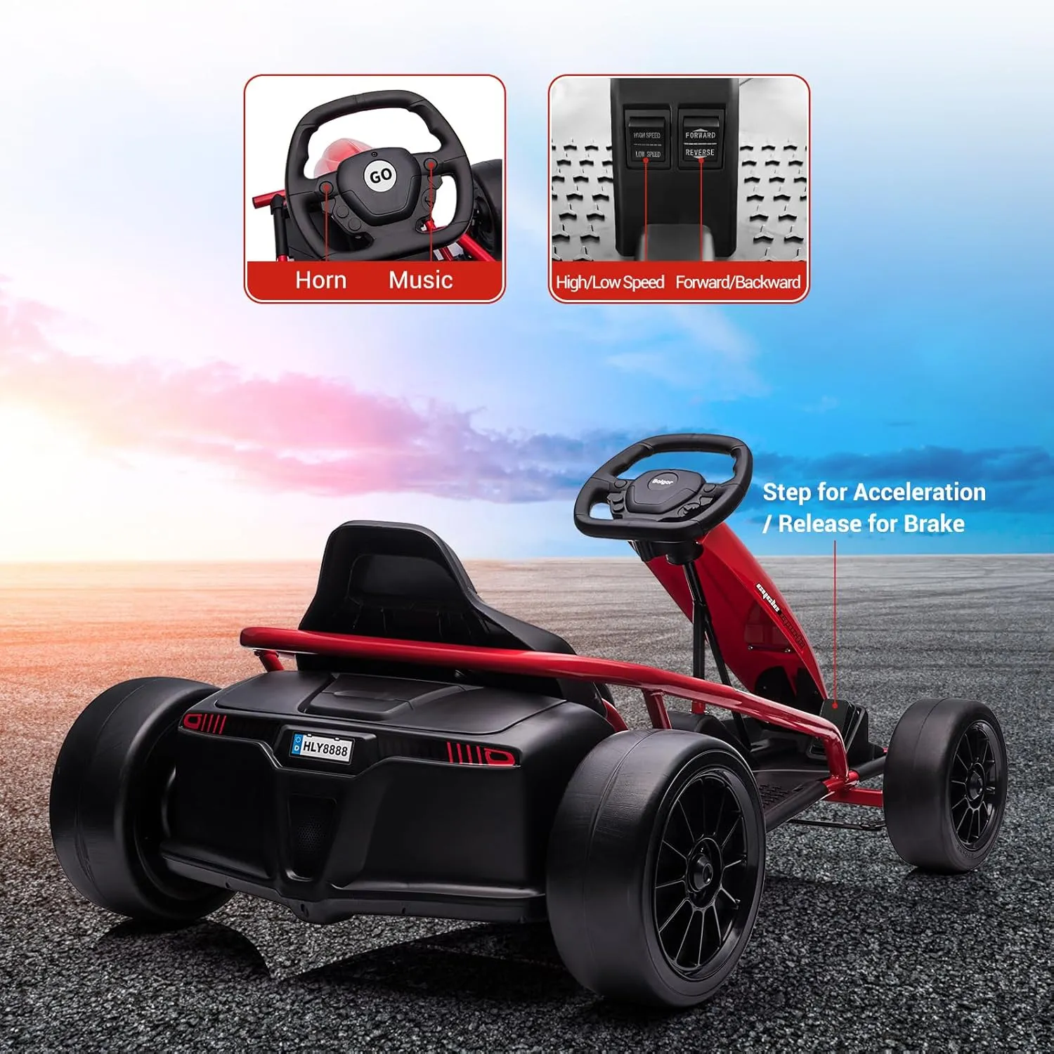 24V 9Ah Kids Ride On Go Kart Toy, High Speed 8MPH Drifting Car with Powerful Motors, Large Seat,Slow Start Function,High/Low Speed, Music, Max Load 180lbs Racing Toy for Kids 8-12 Years