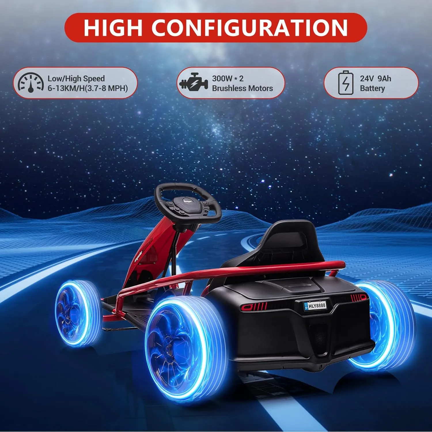 24V 9Ah Kids Ride On Go Kart Toy, High Speed 8MPH Drifting Car with Powerful Motors, Large Seat,Slow Start Function,High/Low Speed, Music, Max Load 180lbs Racing Toy for Kids 8-12 Years