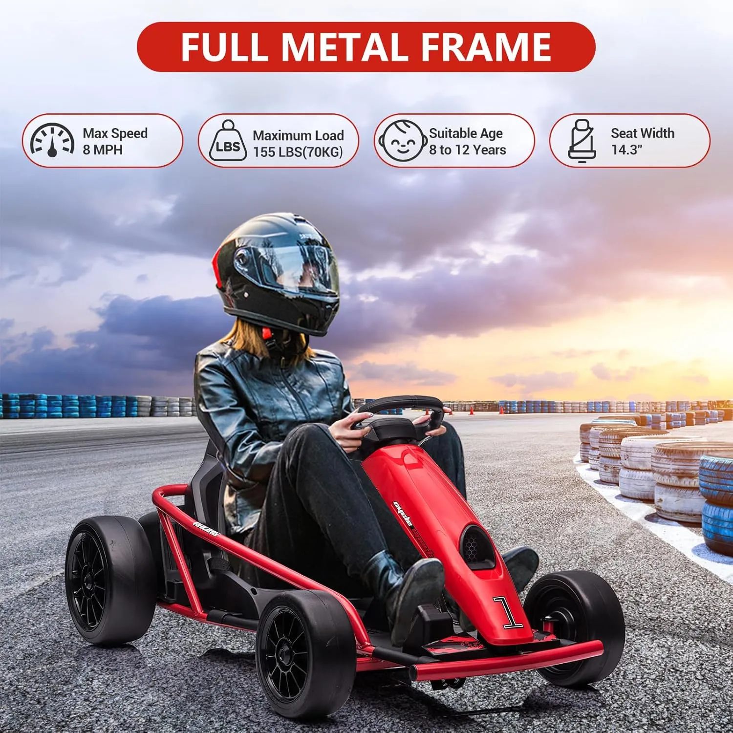 24V 9Ah Kids Ride On Go Kart Toy, High Speed 8MPH Drifting Car with Powerful Motors, Large Seat,Slow Start Function,High/Low Speed, Music, Max Load 180lbs Racing Toy for Kids 8-12 Years