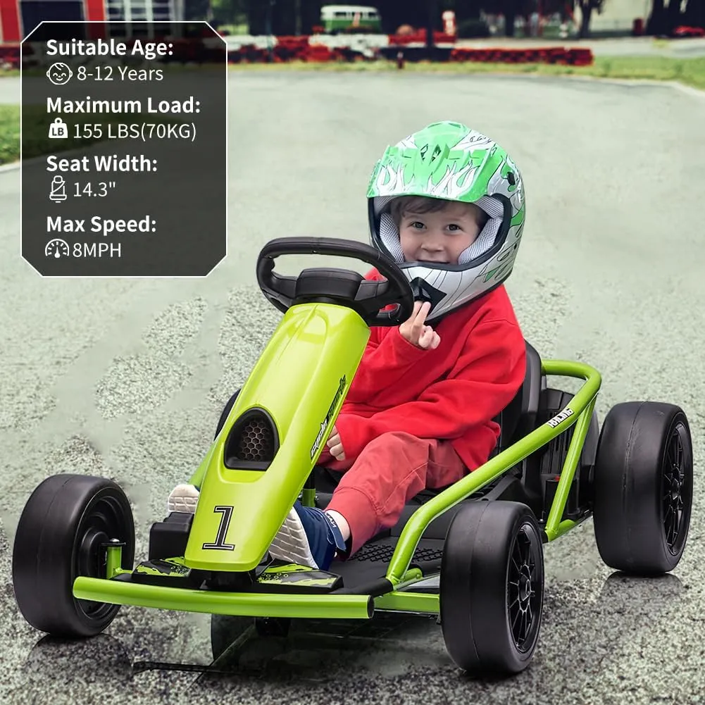 24V Go Kart for Kids 8-12 Years, 300W*2 Extra Powerful Motors, 9Ah Large Battery 8MPH High Speed Drifting with Music, Horn,Max Load 175lbs Outdoor Ride On Toy for Teens,Green