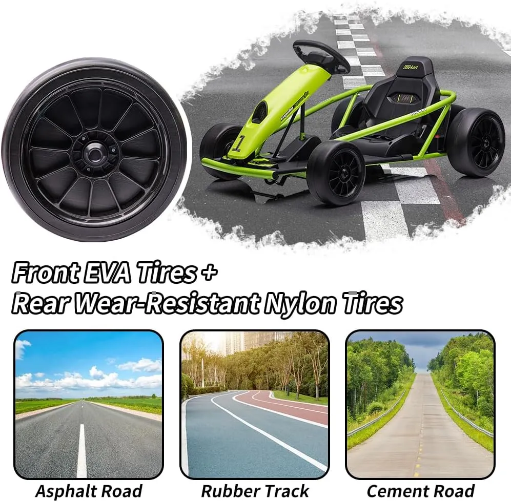 24V Go Kart for Kids 8-12 Years, 300W*2 Extra Powerful Motors, 9Ah Large Battery 8MPH High Speed Drifting with Music, Horn,Max Load 175lbs Outdoor Ride On Toy for Teens,Green