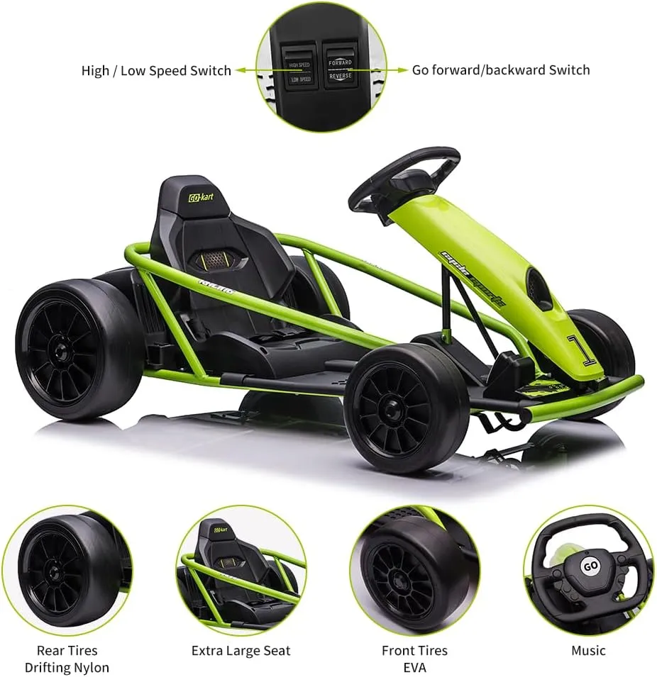 24V Go Kart for Kids 8-12 Years, 300W*2 Extra Powerful Motors, 9Ah Large Battery 8MPH High Speed Drifting with Music, Horn,Max Load 175lbs Outdoor Ride On Toy for Teens,Green