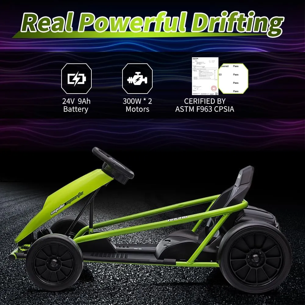 24V Go Kart for Kids 8-12 Years, 300W*2 Extra Powerful Motors, 9Ah Large Battery 8MPH High Speed Drifting with Music, Horn,Max Load 175lbs Outdoor Ride On Toy for Teens,Green
