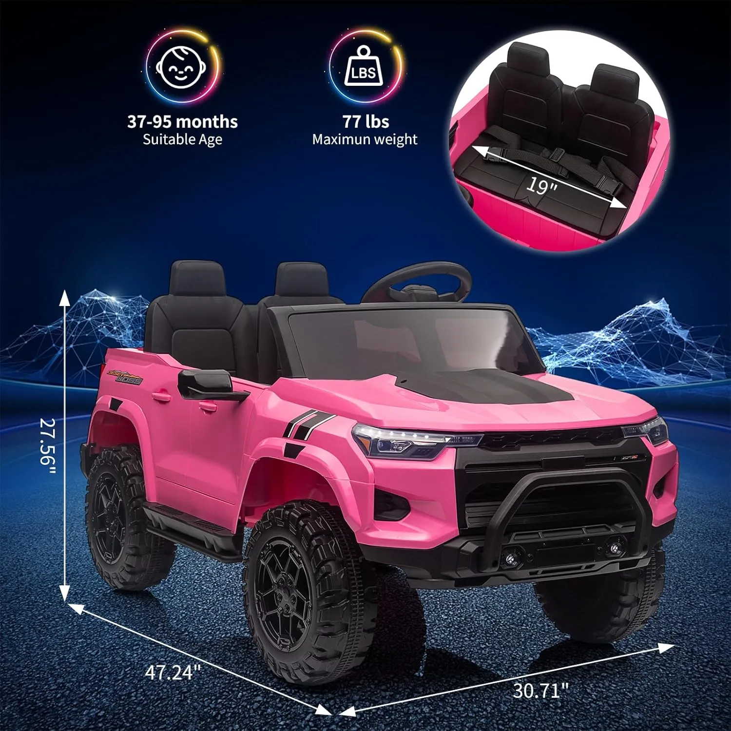 24V Kids Ride On Car 2 Seater Electric Ride On Toy for Toddlers Battery Powered Truck Car with Remote Control, Battery Display, Handle, Trunk, LED Lights, Music (Pink)