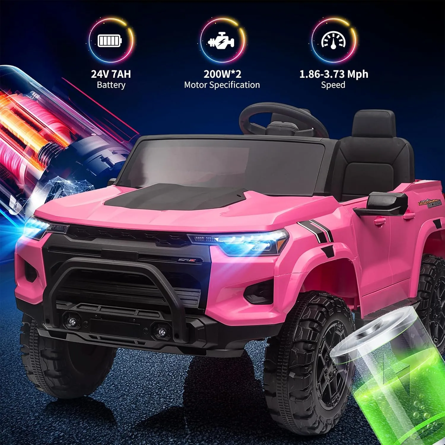 24V Kids Ride On Car 2 Seater Electric Ride On Toy for Toddlers Battery Powered Truck Car with Remote Control, Battery Display, Handle, Trunk, LED Lights, Music (Pink)
