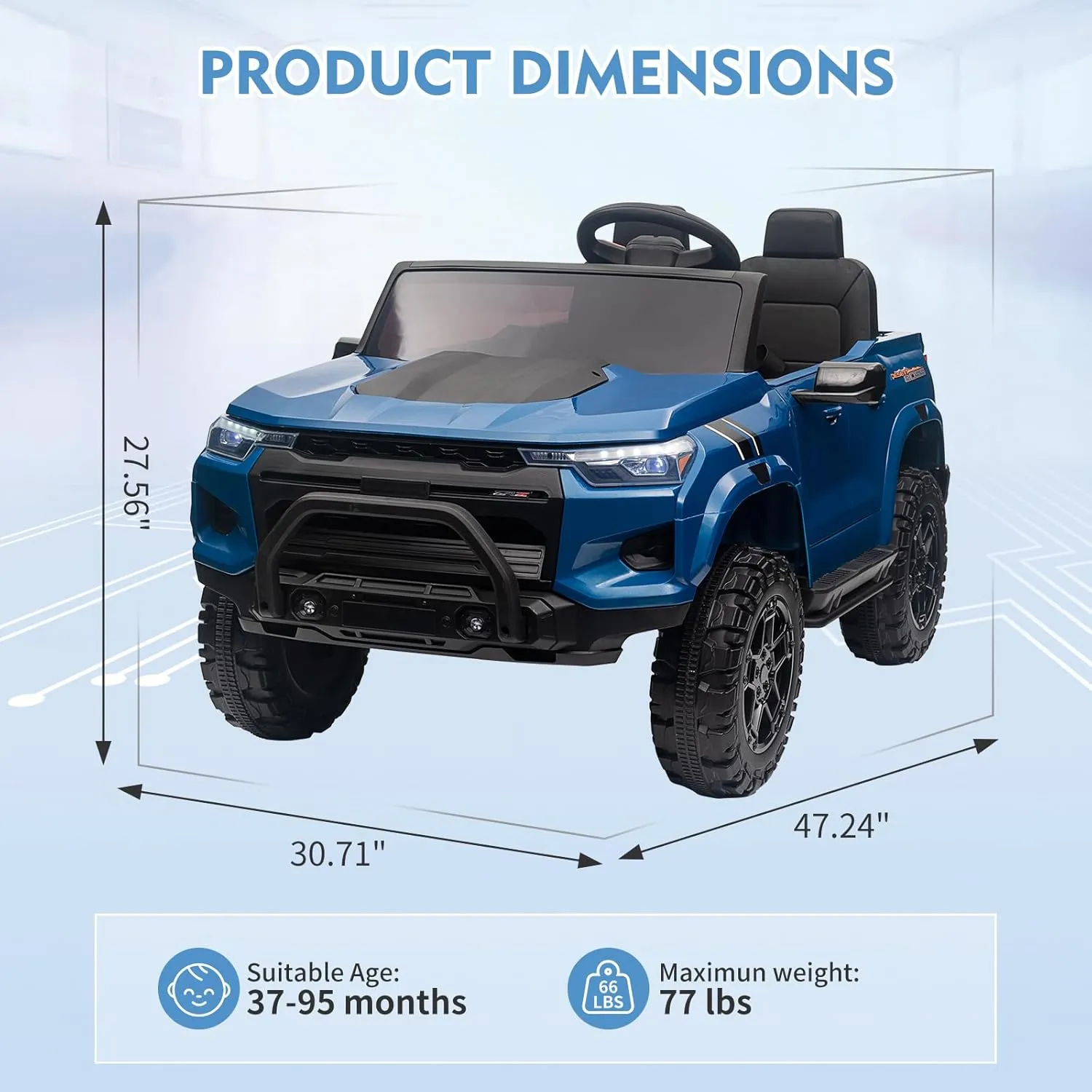 24V Kids Ride On Car 2-Seater Electric Truck for Toddlers Battery Powered Ride On Toy with Remote Control, Battery Display, Handle, Trunk Storage, LED Lights, and Music, Blue