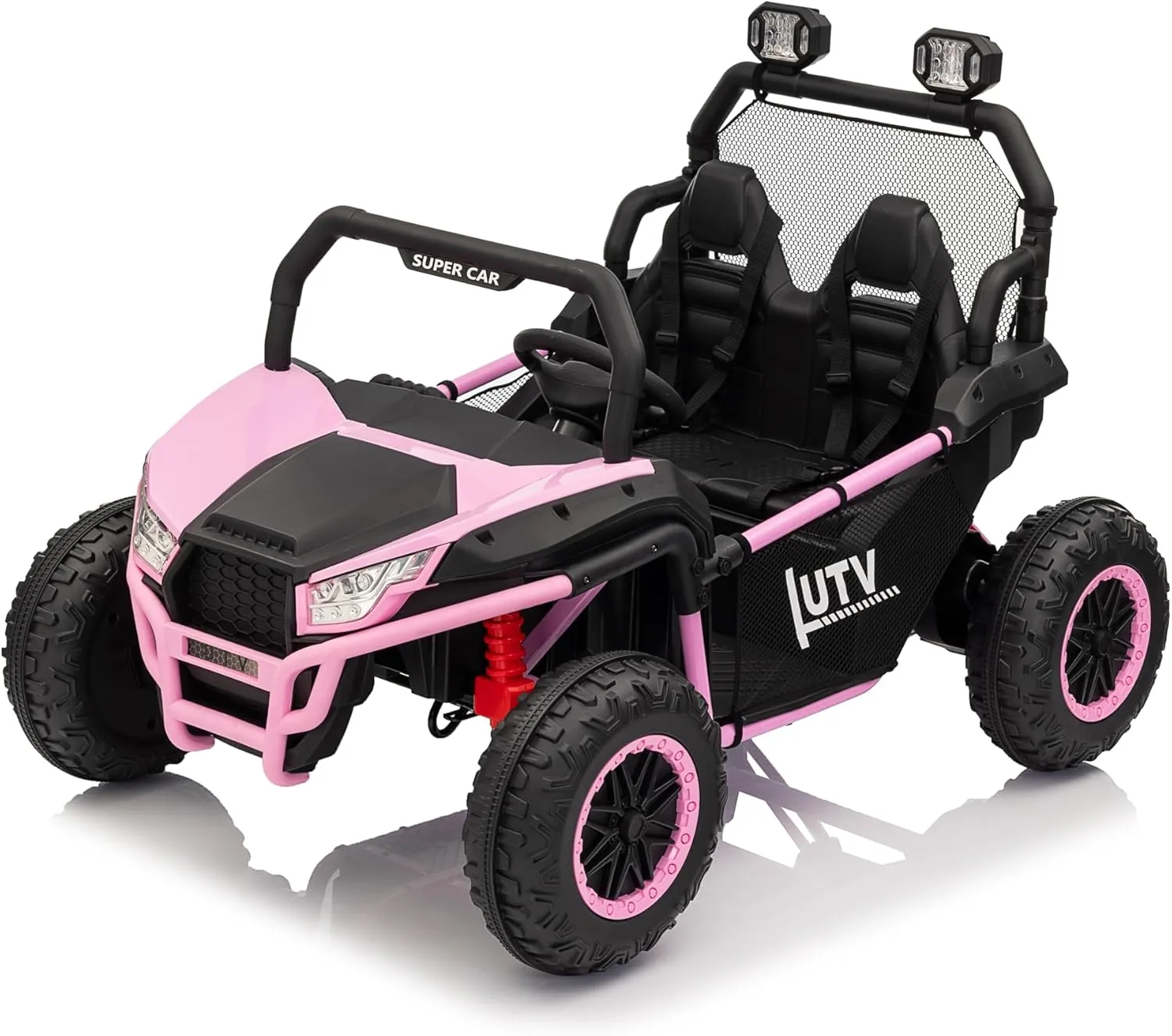24V Kids Ride On Car 2 Seater Electric UTV with Parent Remote Control AWD Dual 200W LED Lights and Music 22 Inch Wide Seat Off Road Battery Powered Toy Car for Boys and Girls(Rose Red)