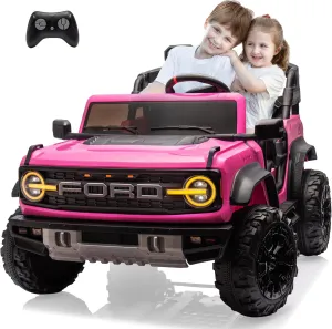 24v Ride On Toy for Big Kids,2-4.3 Mph,Ford Bronco Raptor Licensed Electric 2 Seater Ride On Car with Remote Control,Off-Road Wheels,Bluetooth Music Player,Spring Suspension,Safety Belts,Pink