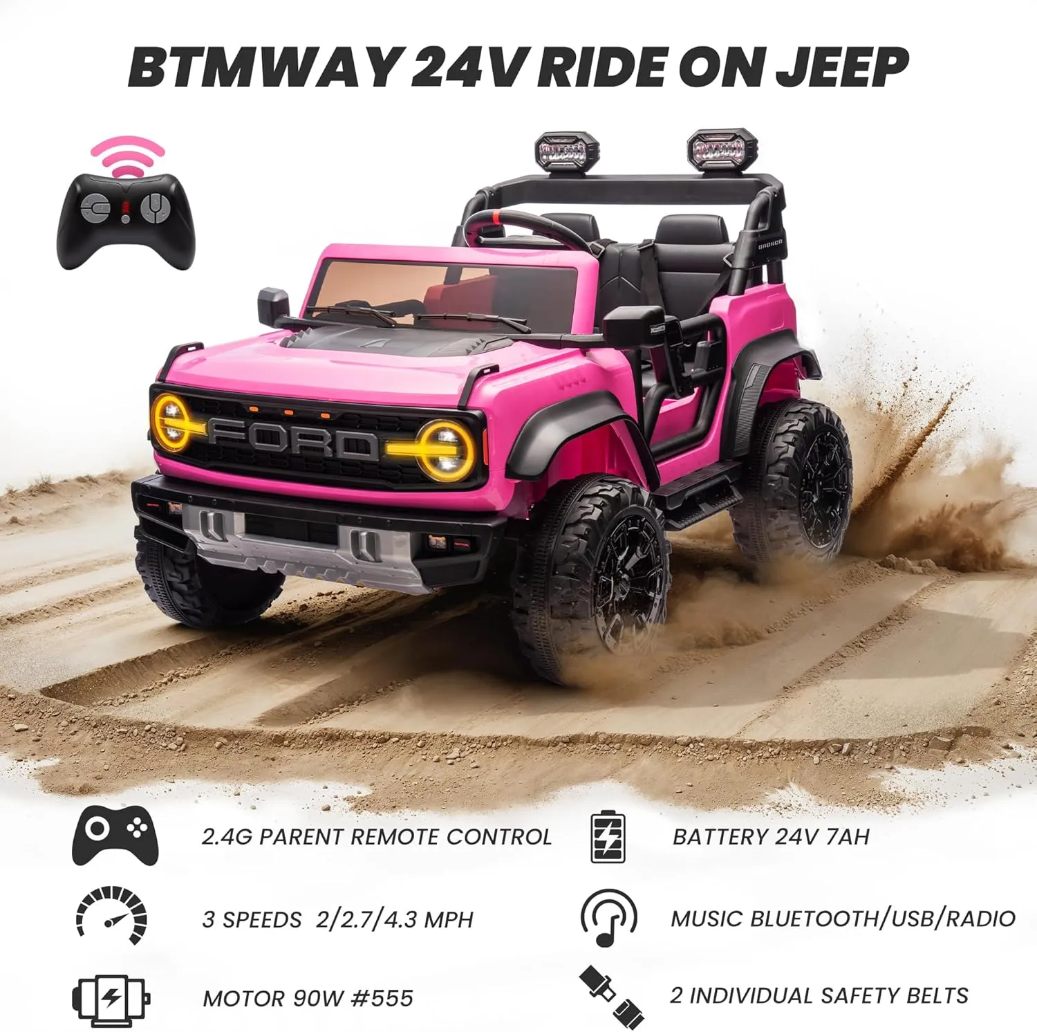 24v Ride On Toy for Big Kids,2-4.3 Mph,Ford Bronco Raptor Licensed Electric 2 Seater Ride On Car with Remote Control,Off-Road Wheels,Bluetooth Music Player,Spring Suspension,Safety Belts,Pink