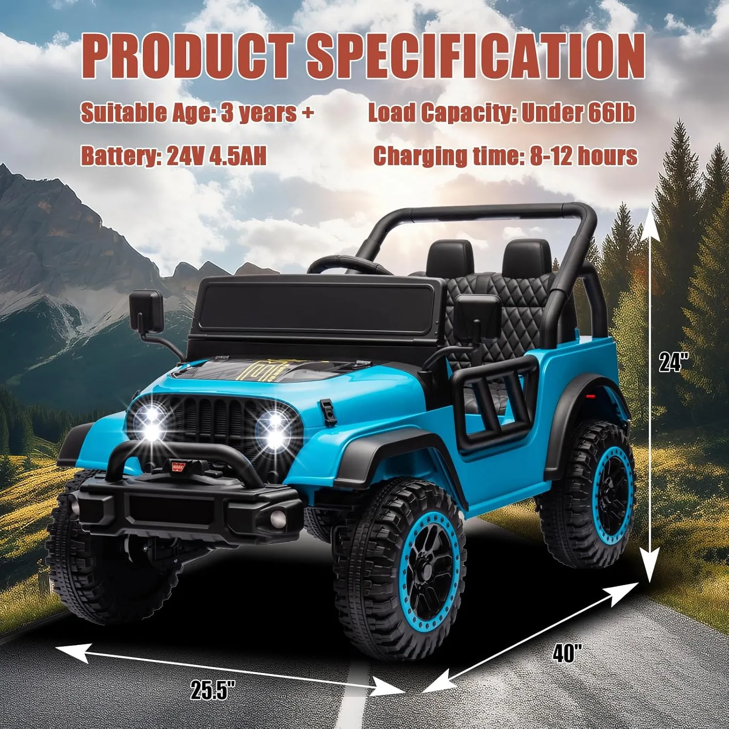 24V Ride On Truck for Kids, 4x4 1 Seater Ride On Car with Remote Control Electric Car for Toddler with EVA Tire Battery Powered UTV for Boys Girls with LED Headlights 3 Speeds Bluetooth, Blue
