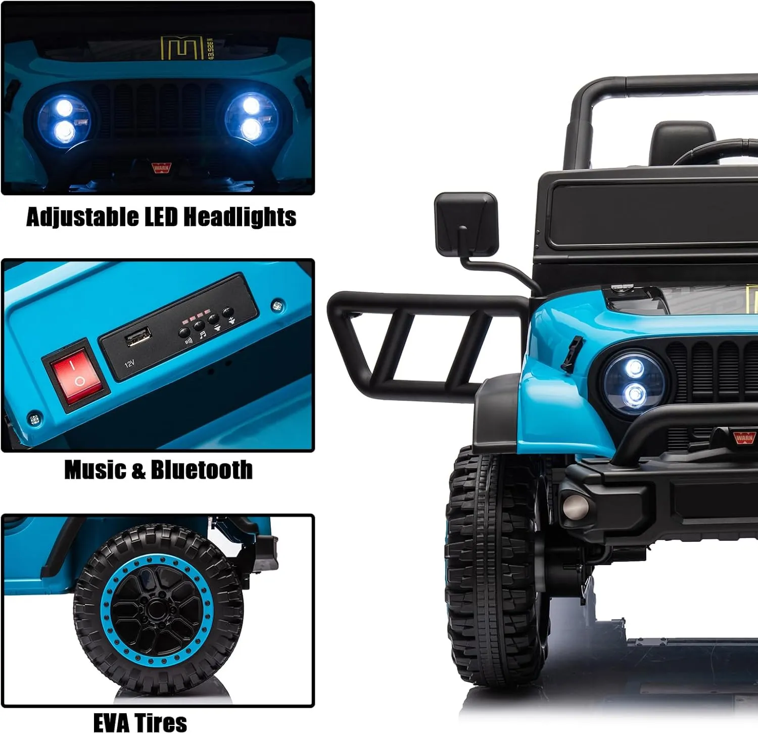 24V Ride On Truck for Kids, 4x4 1 Seater Ride On Car with Remote Control Electric Car for Toddler with EVA Tire Battery Powered UTV for Boys Girls with LED Headlights 3 Speeds Bluetooth, Blue