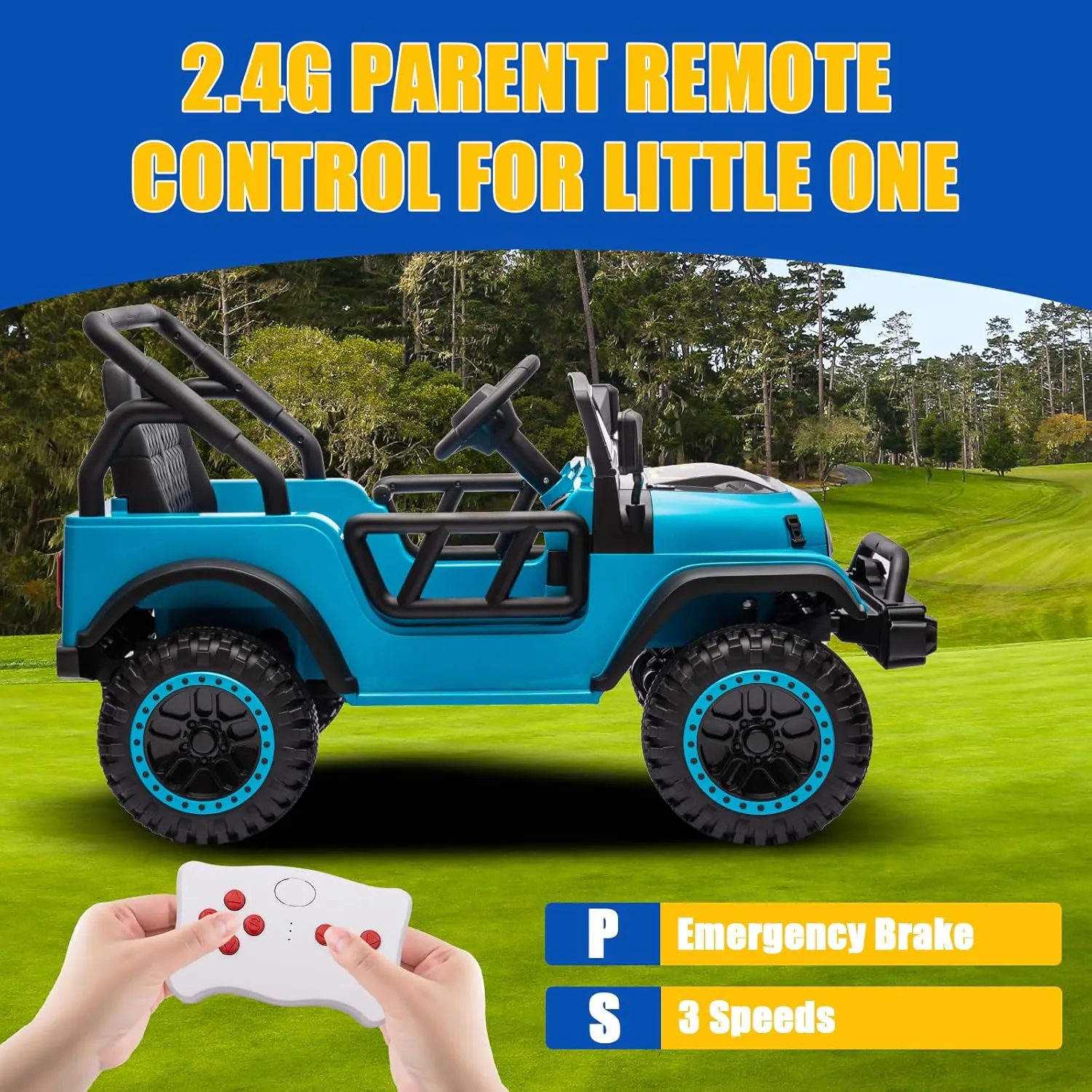 24V Ride On Truck for Kids, 4x4 1 Seater Ride On Car with Remote Control Electric Car for Toddler with EVA Tire Battery Powered UTV for Boys Girls with LED Headlights 3 Speeds Bluetooth, Blue