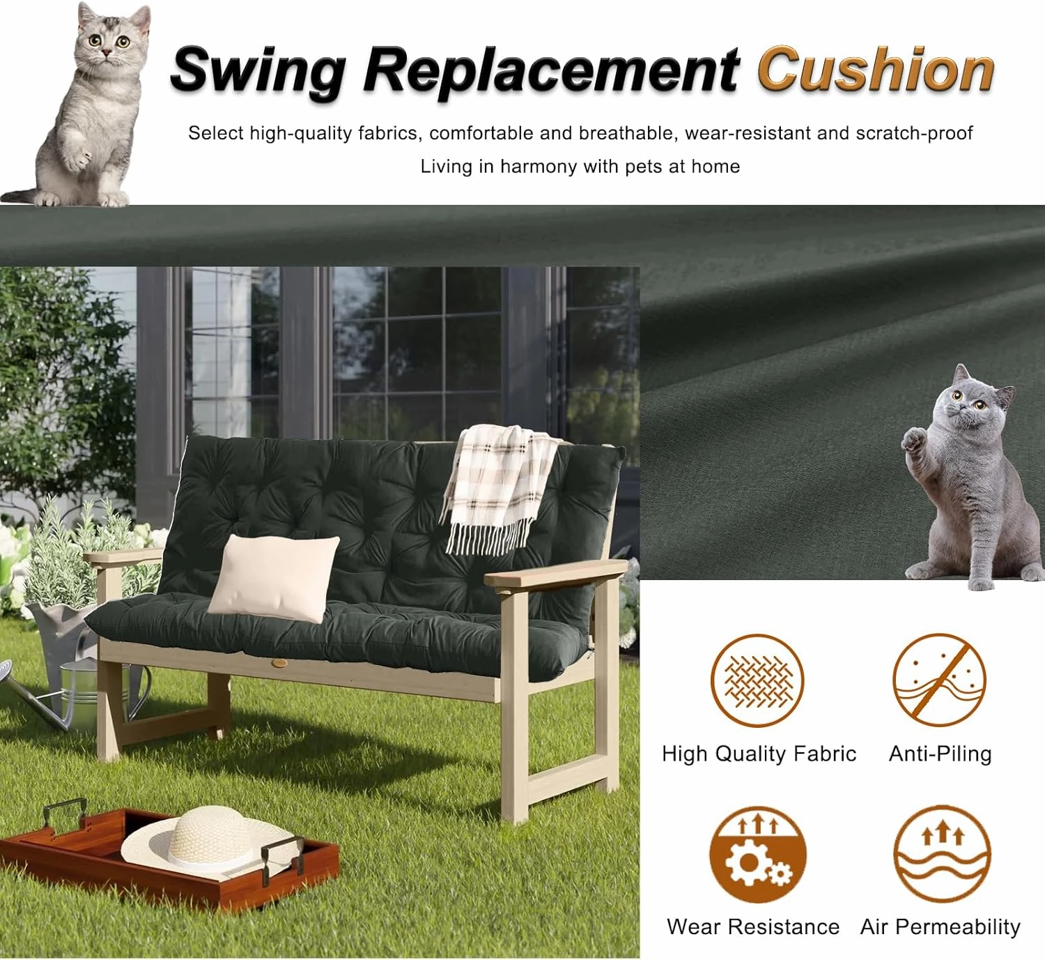 2-3 Seat Swing Replacement Cushion, Outdoor Bench Cushions with Backrest Thicken 4", Patio Furniture Garden Porch Loveseat Glider Pad Anti-Fading Waterproof (Dark Grey, 40x60in)